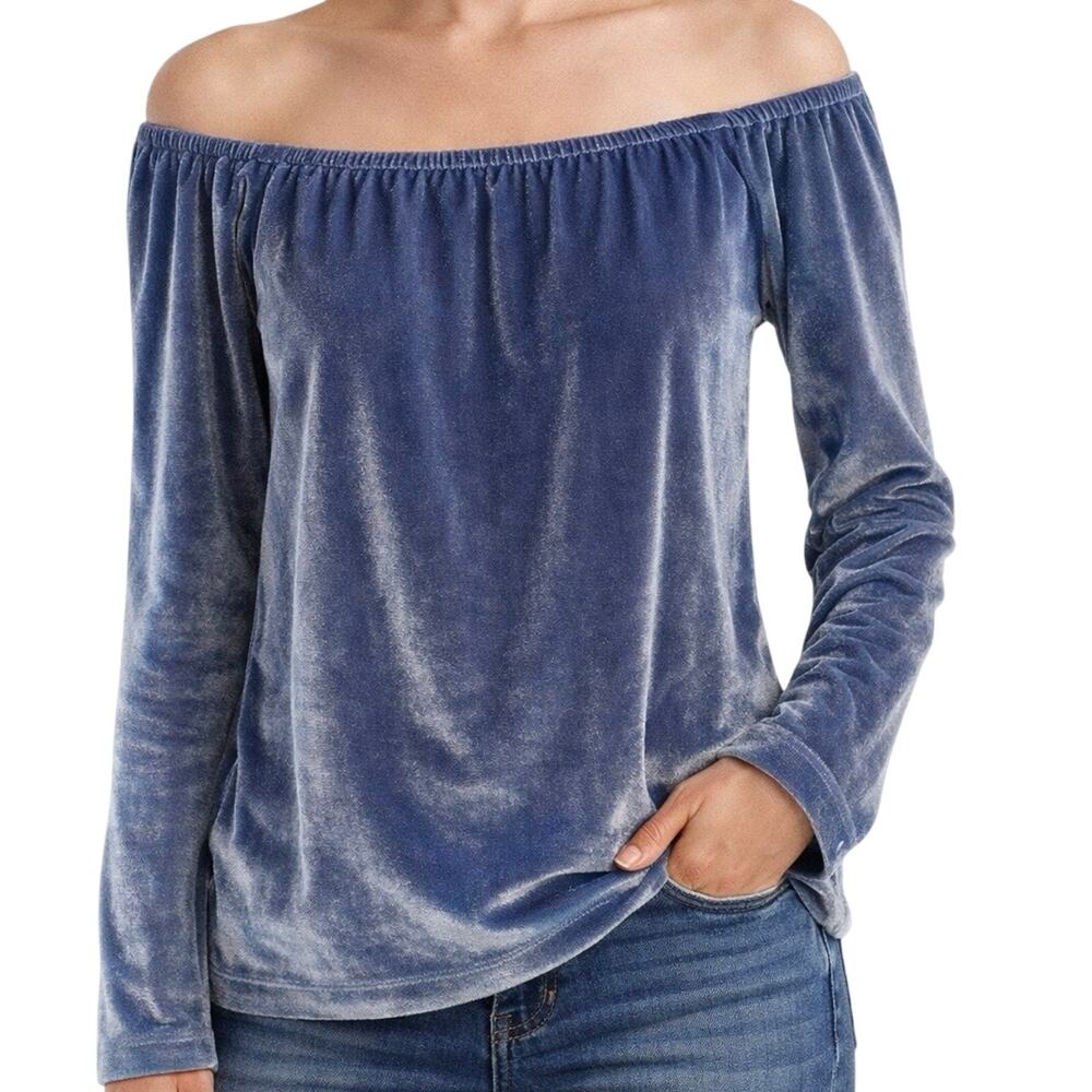 Silence + Noise Velvet Off Shoulder Medium Blue Long Sleeve Urban Outfitters